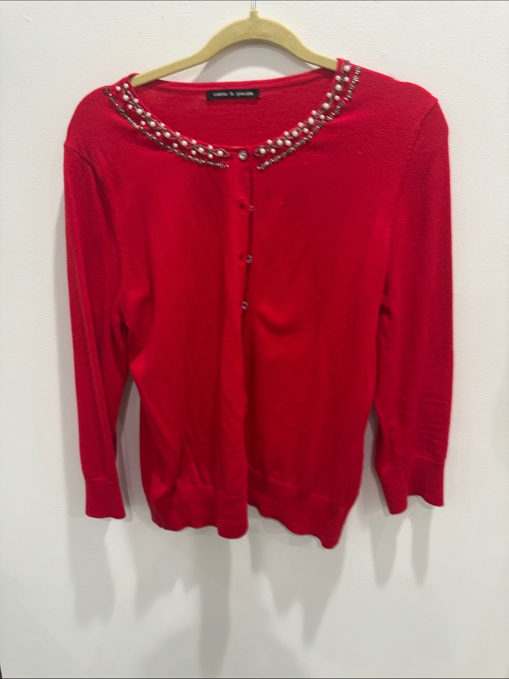 Cable & Gauge Red Jeweled Neck Cardigan